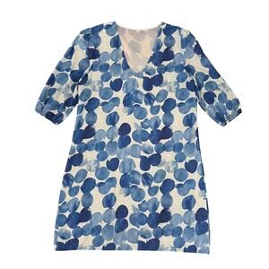 Women's Blue & White Geometric Print Boho V-Neck Festival Dress - SIZE M